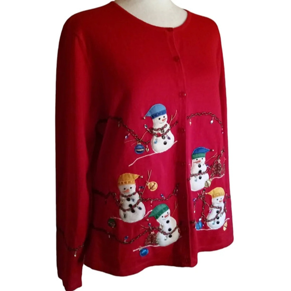 Vintage Cinnamon & Cinder Snowman Beaded Christmas Light Cardigan Size Large - Picture 2 of 7